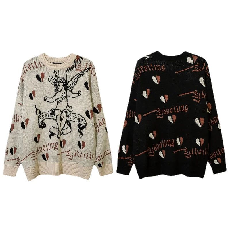 Hip Hop Harajuku Angle Pattern Knitted Sweater Unisex Pullover Streetwear Winter Casual Loose Mens Sweater Warm Jumper Knitwear Street King Limited