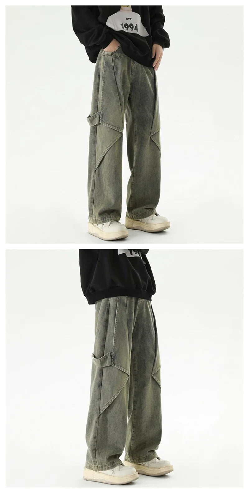 2024 new hip hop wide leg jeans for men washed distressed baggy denim trousers high street deconstruction cargo jean y2k pants unique cargo style 443