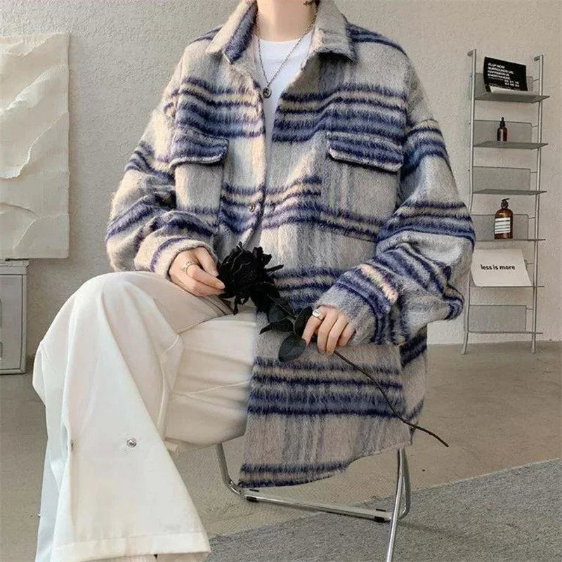 winter y2k vintage striped woolen jackets for men patchwork long sleeve plaid cardigan coats high street cargo shirt jacket baggy cargo bottoms