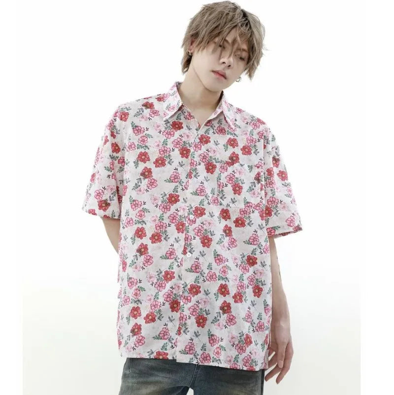 summer harajuku set mens flower print casual short sleeved top gradient straight leg jeans 2 pcs set high street trendy suit unique jeans style 4238