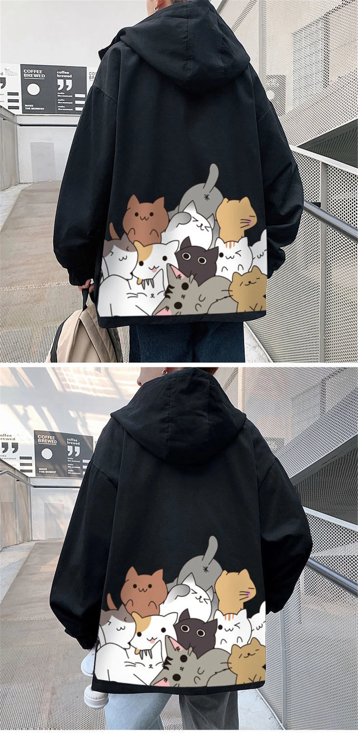 Black Cat Print Baseball Jacket Boys Long Sleeve Loose Ins Harajuku High Street Tops Streetwear Gothic Gray Bomber Jacket Men Street King Limited