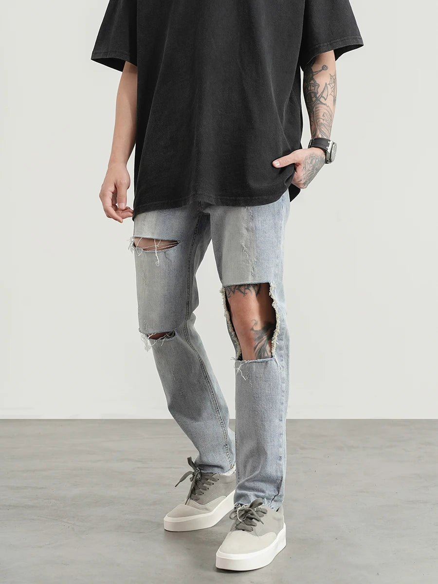 destroied big holes ripped denim jeans mens distressed biker jeans fashion high street slim straight pants streetwear joggers relaxed fit joggers