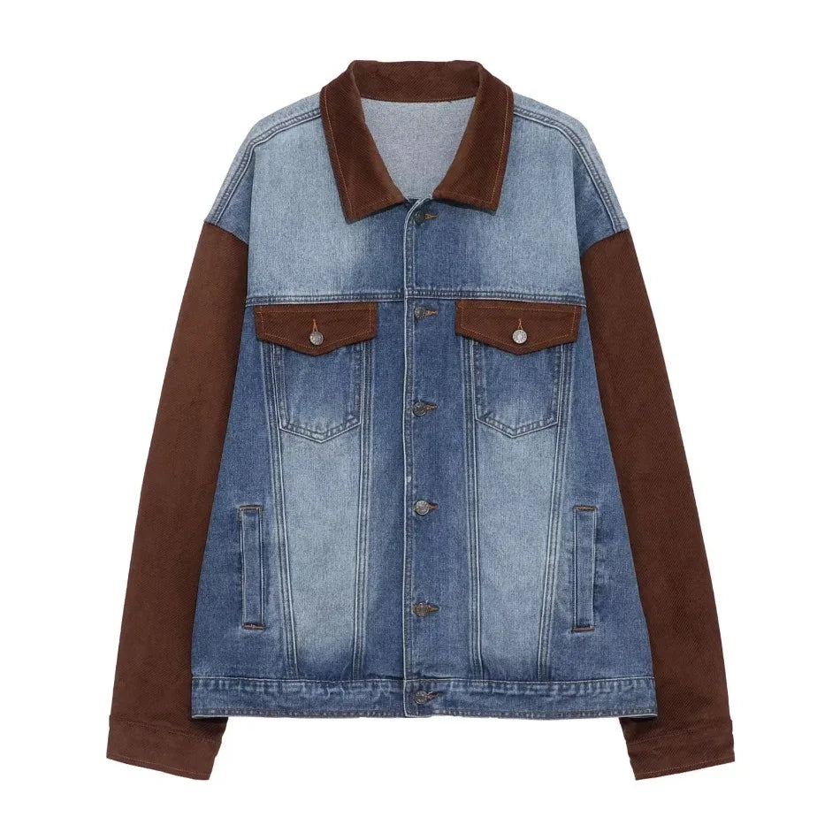 mens patchwork denim jacket spring trend korean retro college lapel color blocked couple coats 2024 high street cowboy cardigan unique jeans style 3378