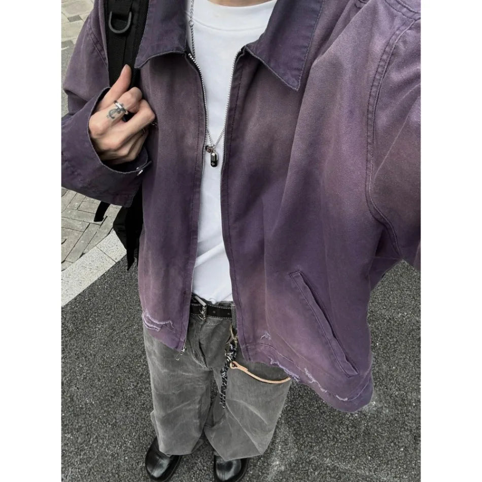 y2k hip hop gradient jacket mens tooling canvas high street lapel short coats washed retro motorcycle outwear trend 2024 new unique shorts style 3784