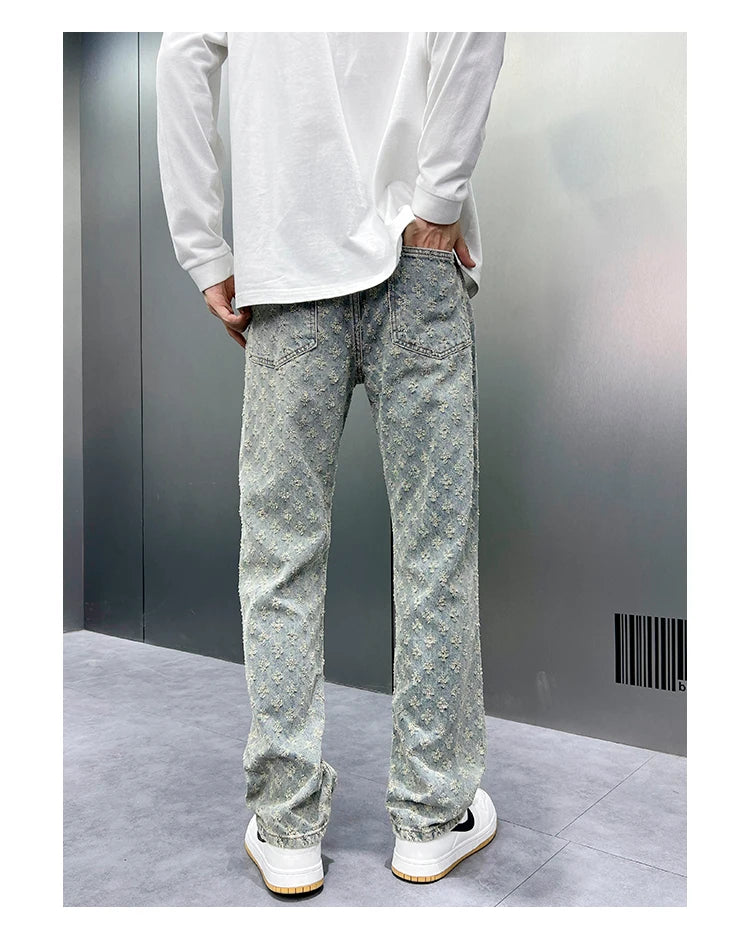 Men Wide Leg Denim Pants High Street American Retro Jacquard Loose Straight Jeans Y2K Fashion Streetwear Baggy Trousers Street King Limited