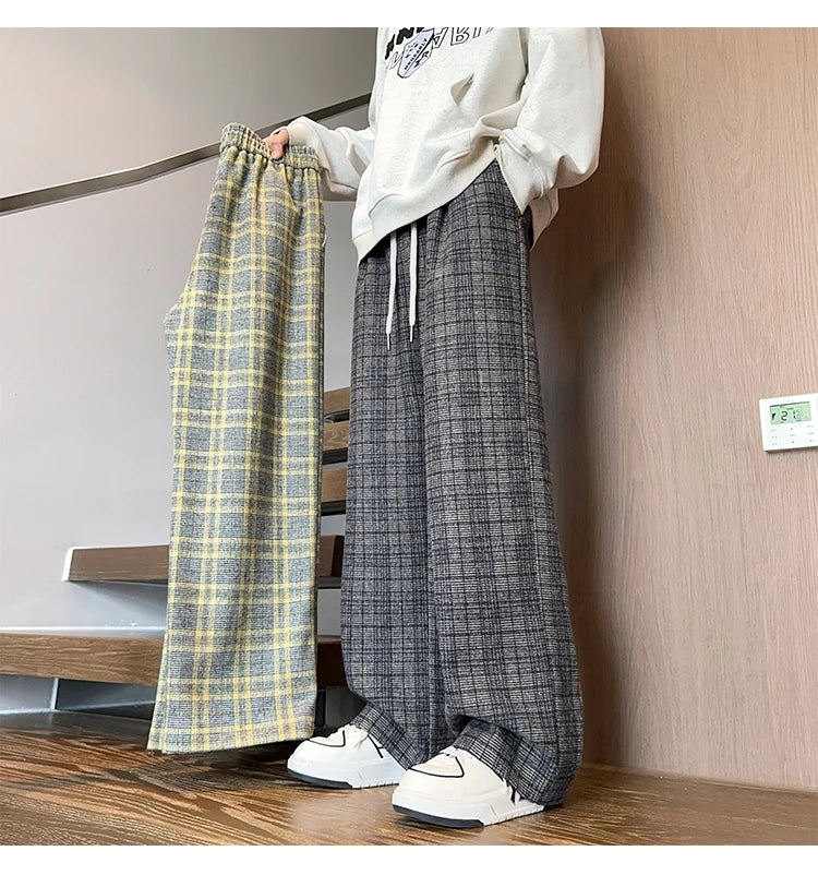 mens plaid pants baggy winter trendy fleece loose straight wide leg mopping trousers unisex thick velvet warm long pants unique default style 1112