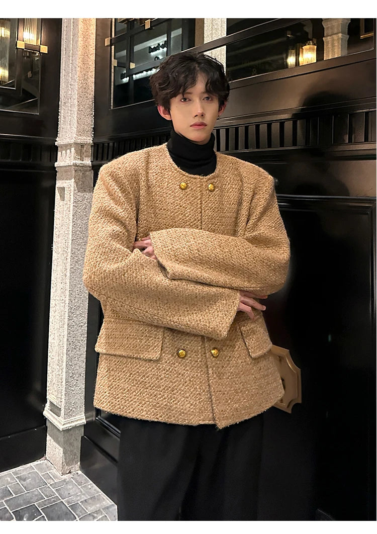 men double breasted french retro loose casual woolen short jacket man korean streetwear show fashion coat autumn outerwear unique shorts style 1311