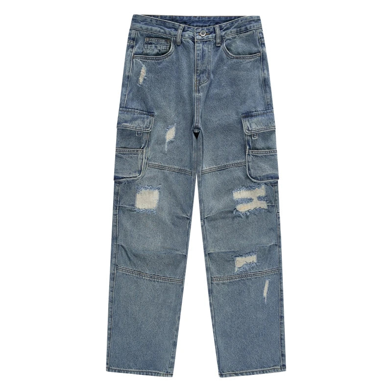 mens baggy jeans side big pocket distressed ripped denim jean straight pants high street cargo jean pants hip hop joggers jeans unique joggers style 1977