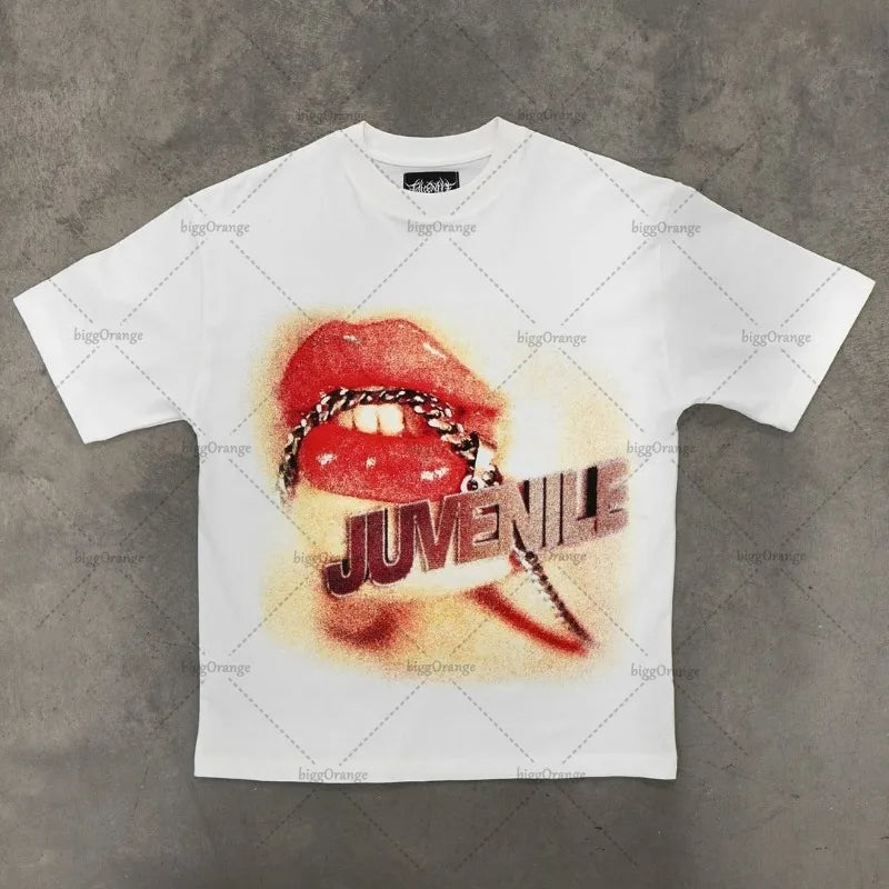 Trendy Brand Rock Punk Streetwear Y2K Harajuku Gothic Retro Pattern Printed Oversized T-shirt Men American Hip-hop Casual Tops Street King Limited