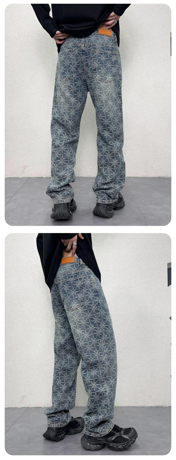 men jacquard streetwear hip hop vibe casual straight denim jeans pants boyfriend high street ripped jeans trousers unique jeans style 3026