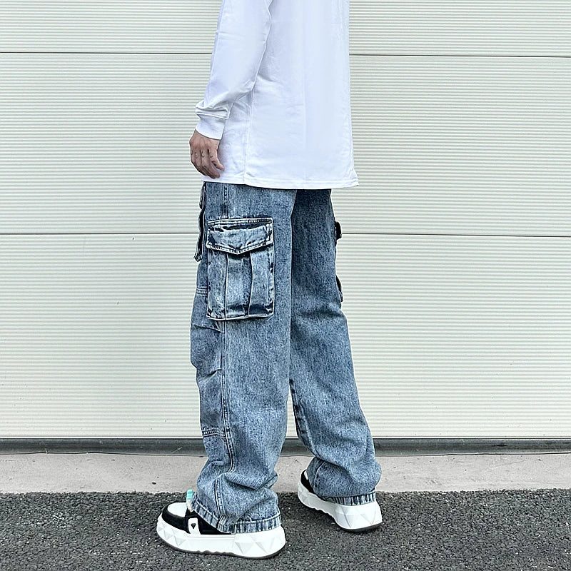 fashion loose streetwear cargo denim jeans unisex casual multi pocket wide legs jean pants hip hop joggers mens baggy jeans unique joggers style 1951