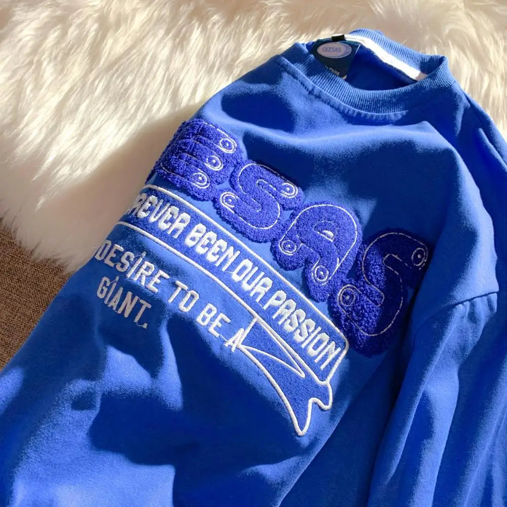 Retro Klein Blue Flocking Embroidery T Shirts Fashion Preppy Oversized Short Sleeve Tops 2022 Summer Large 3XL Casual Men Women Street King Limited