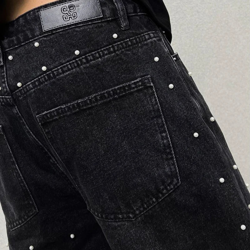 men bead streetwear fashion hip hop vibe loose casual wide leg straight denim jeans baggy pant man boyfriend jeans trousers unique jeans style 2875