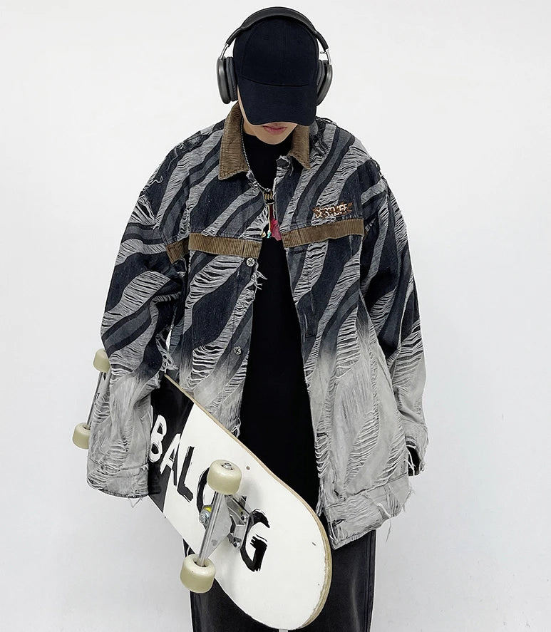 zebra printed harajuku denim jacket and coat mens hip hop patchwork ripped holes jeans outerwear casual streetwear jeans jackets unique jeans style 4694