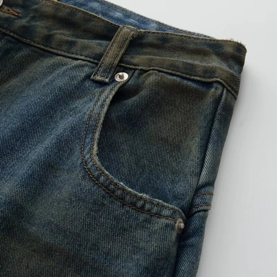 Summer High Street Hip Hop Jeans Mens Halo Dye Hole Washed Straight Denim Pants Loose Silhouette Retro Micro Flared Trousers Street King Limited