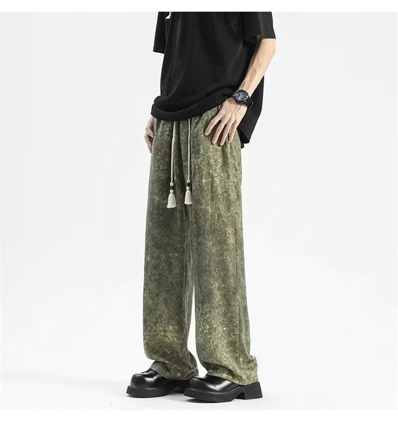2024 goth tie dye corduroy pants mens autumn baggy wide leg straight casual trousers women drawstring hip hop y2k sweatpants unique joggers style 1358