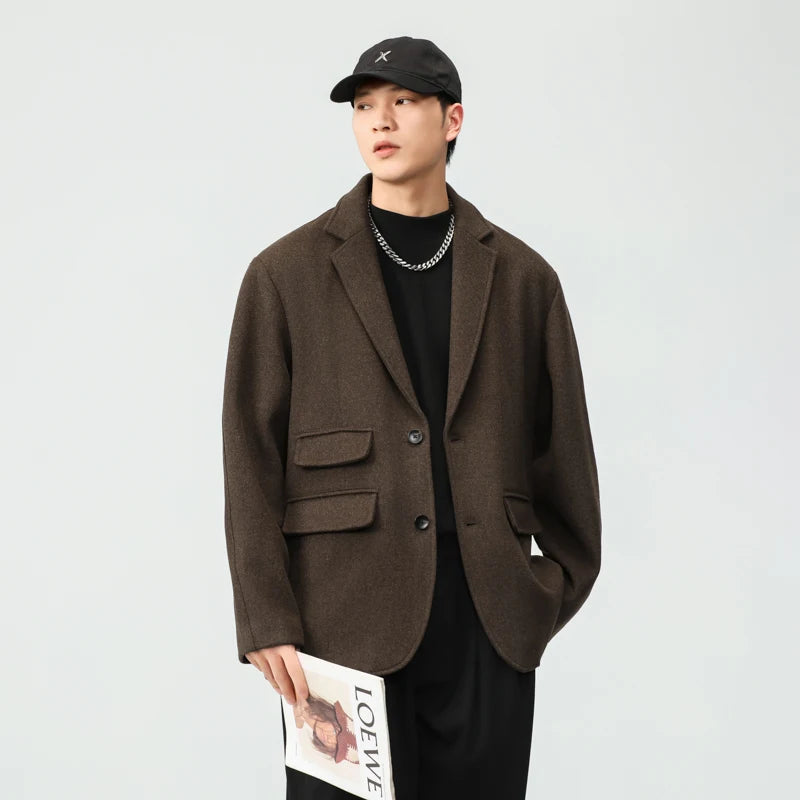 men autumn winter streetwear fashion retro wool thick blazer jacket commuter business casual plus size suit coat outerwear relaxed fit trousers