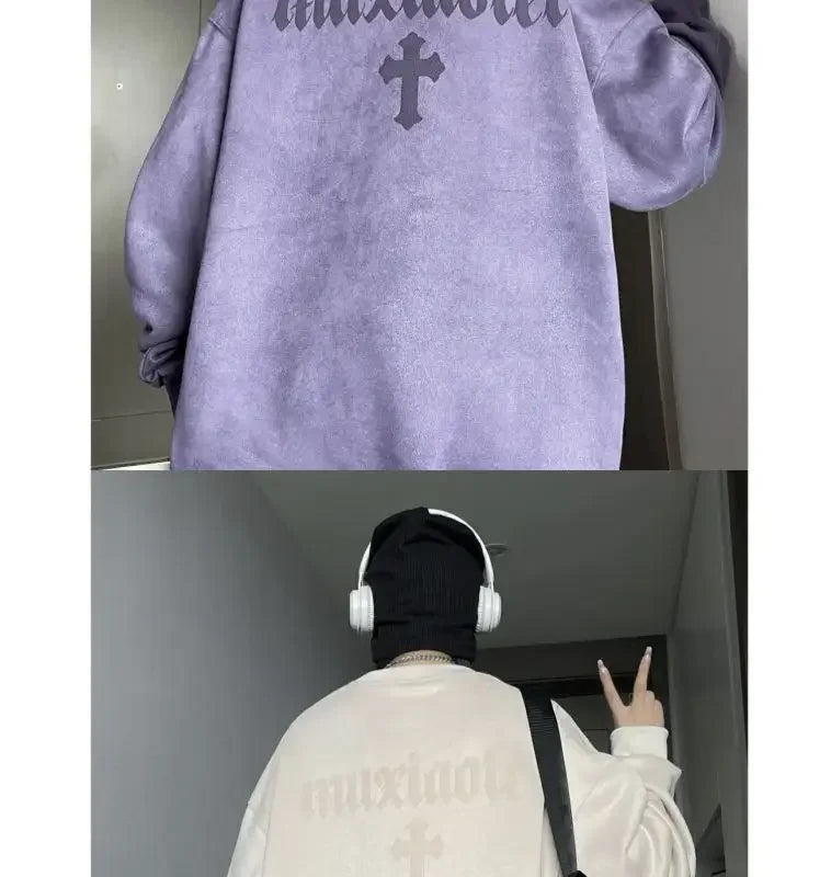 New suede sweatshirt for men in autumn new American high street handsome long sleeved couple tops printed round neck jacket y2k Street King Limited