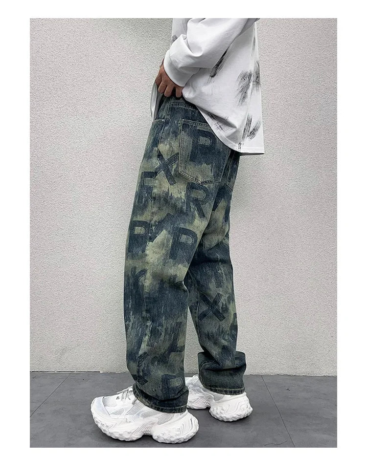 men loose casual american high street hip hop vibe printed denim baggy jeans pants man streetwear ripped jeans trousers unique jeans style 2976