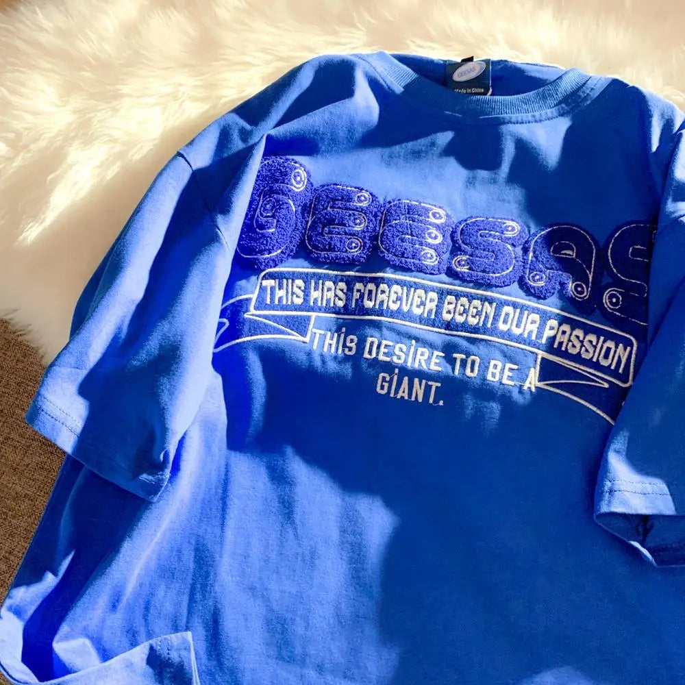 Retro Klein Blue Flocking Embroidery T Shirts Fashion Preppy Oversized Short Sleeve Tops 2022 Summer Large 3XL Casual Men Women Street King Limited