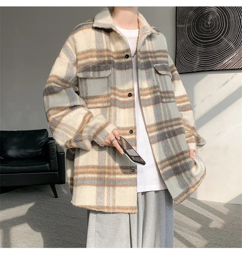 winter y2k vintage striped woolen jackets for men patchwork long sleeve plaid cardigan coats high street cargo shirt jacket unique cargo style 75