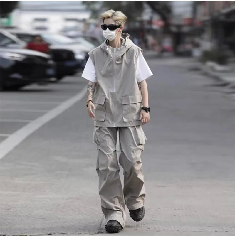 summer casual sleeveless set men hip hop loose hooded vest pockets straight leg cargo pants 2 piece outdoors sports camp suit unique cargo style 3833
