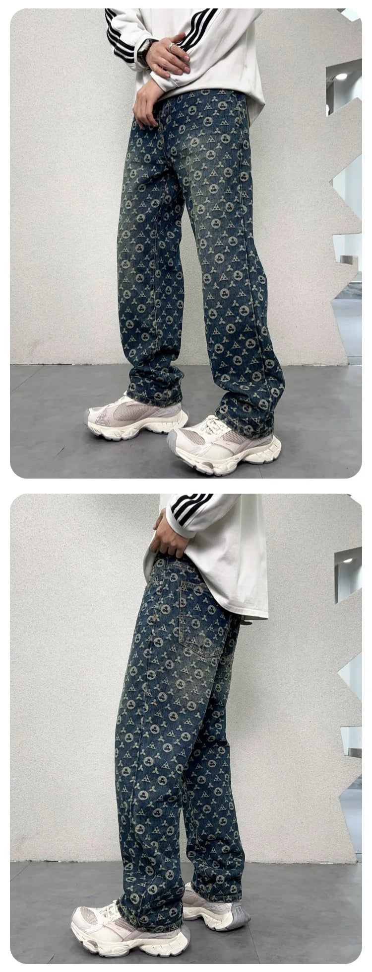 men jacquard streetwear hip hop vibe casual straight denim jeans pants boyfriend high street ripped jeans trousers unique jeans style 3018