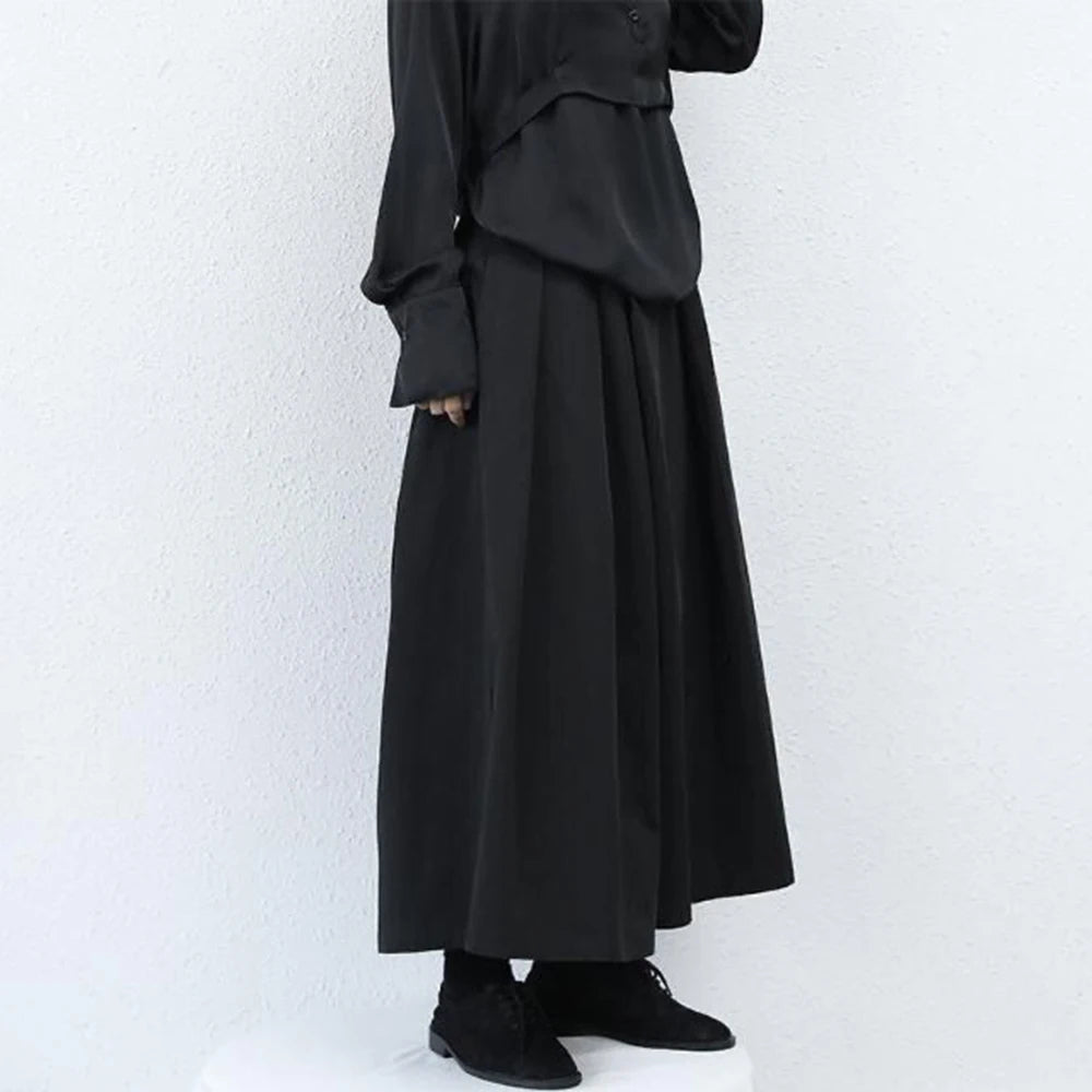 trendy gothic loose casual culottes mens japanese wide leg pants new oversize design streetwear dark black trousers male clothes unique default style 4801