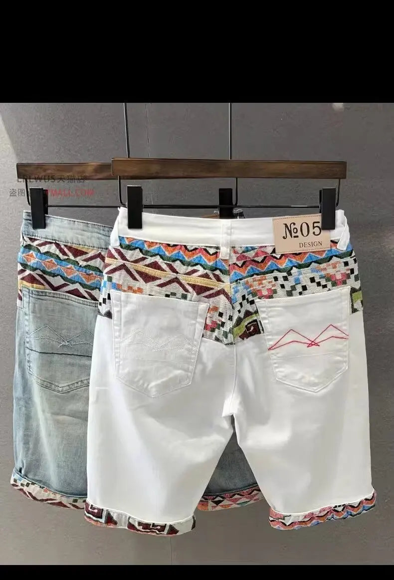 Summer New Denim Shorts Men's Stitching Embroidery Ripped Knee-length Shorts White 2024 Korean Fashion High Quality Jeans Street King Limited