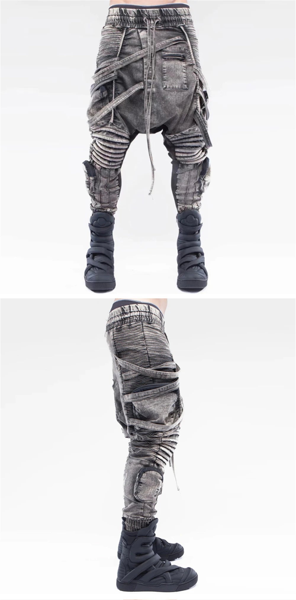 vintage motorcycle trousers joggers mens asymmetric straped pleated cross pants function elastic waist trousers unique joggers style 3589