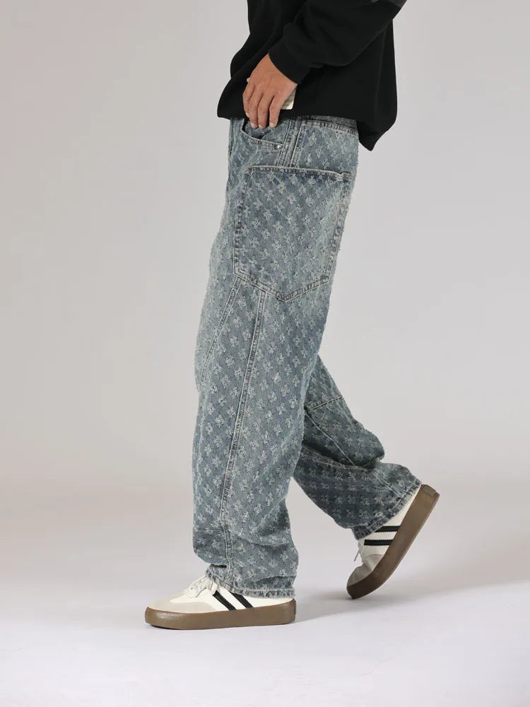 men brand fashion loose casual splice pocket jacquard vintage wide leg baggy jeans cityboy denim baggy jeans pants trousers unique jeans style 2853