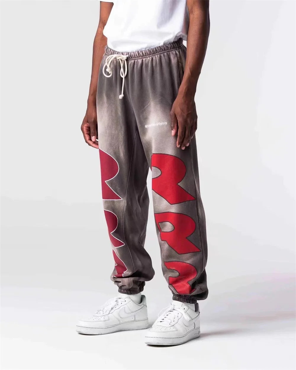 RRR123 24FW Sunshine Wash Brown Flower Grey Loose Drawstring Feet Guard Pants Street King Limited
