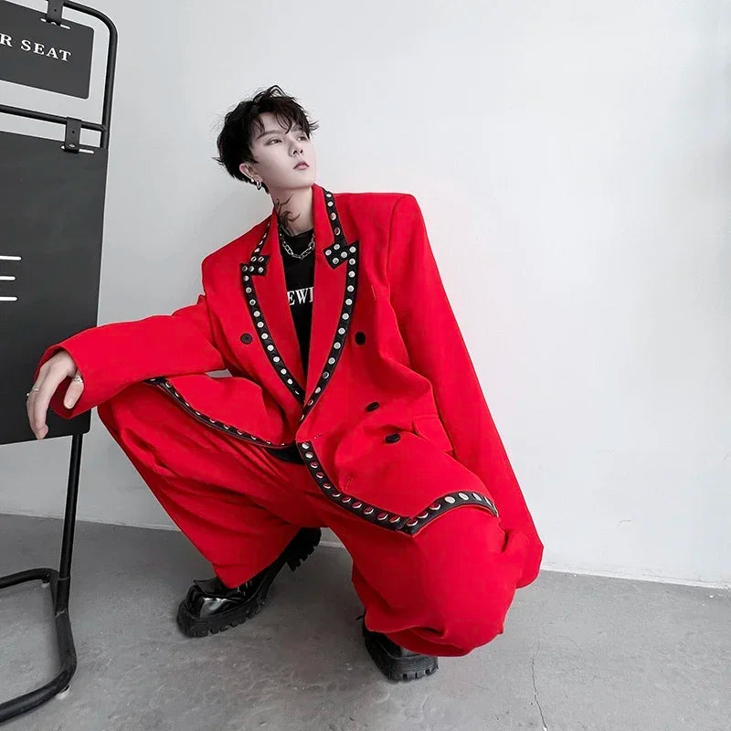 men streetwear fashion loose casual rivet hip hop party dress 2 piece suits blazers jacket pant sets stage clothing costume relaxed fit trousers