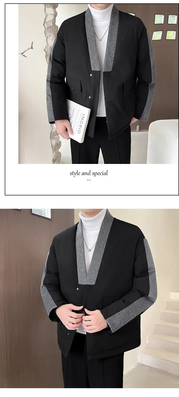 2024 Winter Collarless Cotton-padded Jacket Men Japanese Korean Fashion Loose Casual Thicken Warm Parkas Jacket Cityboy Coat Street King Limited