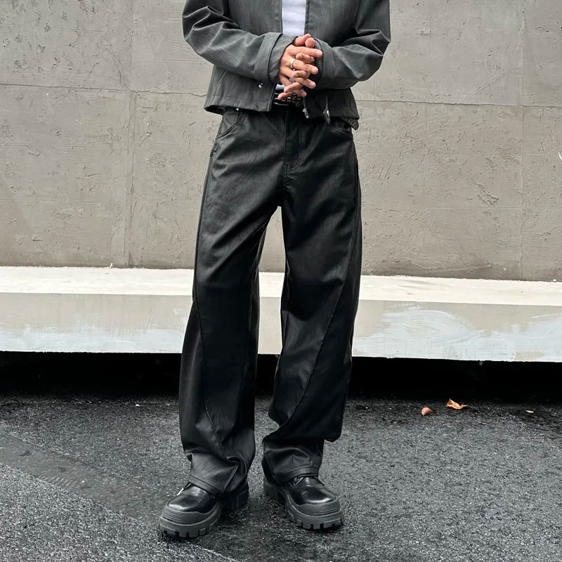 men streetwear fashion hip hop loose casual wide leg leather baggy motorcycle pant cityboy cargo pants trousers unique cargo style 2468