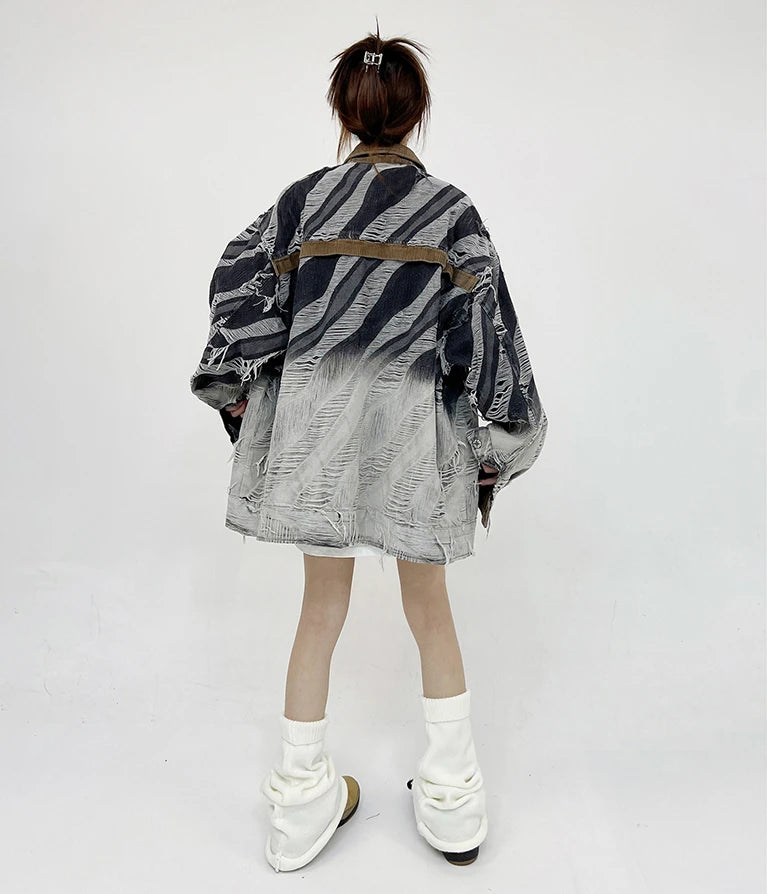zebra printed harajuku denim jacket and coat mens hip hop patchwork ripped holes jeans outerwear casual streetwear jeans jackets unique jeans style 4697