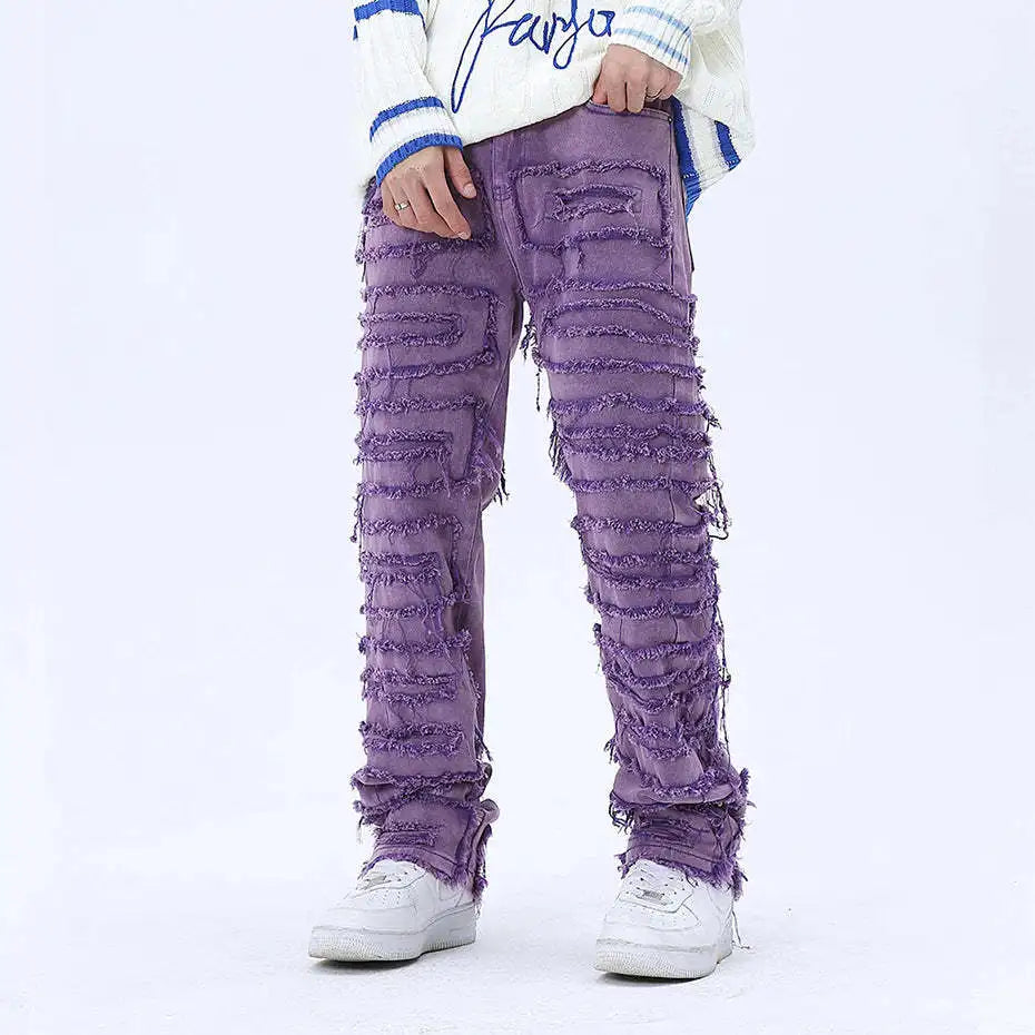 tassel hole spliced european and american straight leg denim pants new popular patch jeans mens wear unique jeans style 306