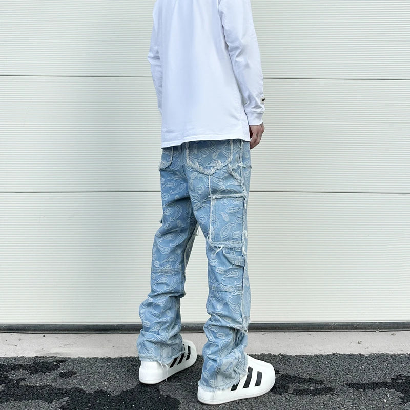 vintage high street washed light blue flared jeans cashew flower jacquard pattern rough edge jeans pants for men and women unique jeans style 919