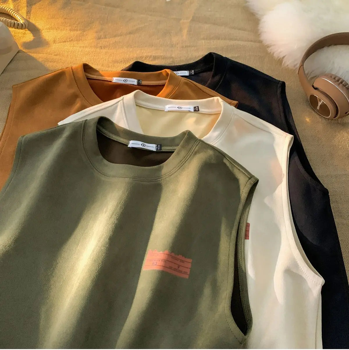 American sleeveless t-shirt vest men's trendy summer outer wear heavy suede ins loose waistcoat top men clothing mens t shirts Street King Limited