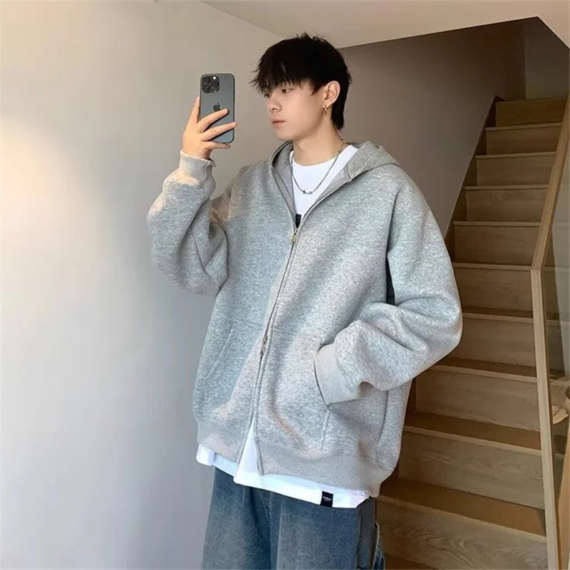 winter mens fleece zipper hooded sweatshirts 2025 new classic solid color oversized hoodies y2k streetwear outerwear tracksuit unique default style 28