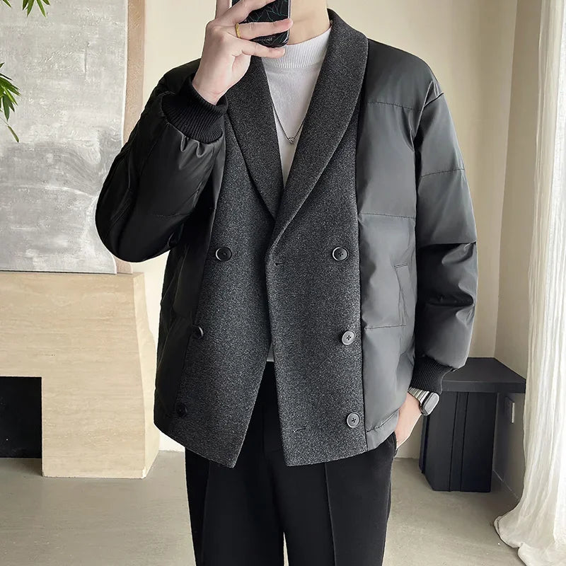 men winter woolen splice cotton padded business casual thicken warm jacket korean streetwear fashion parkas coat outerwear urban fashion pants