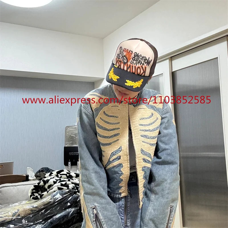 vintage mens long sleeved denim jacket high street oversized washed bone embedding tops clothing autumn winter 2024 heavyweight unique jeans style 1327