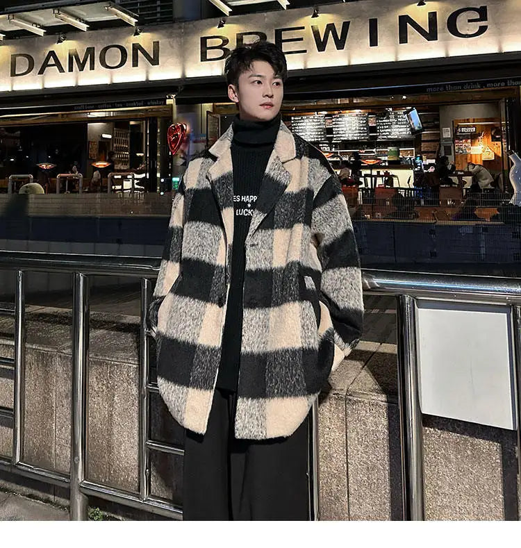 plaid woolen trenchcoat men autumn winter fashion retro streetwear suit collar loose casual trendy trench coat outerwear unique default style 1182