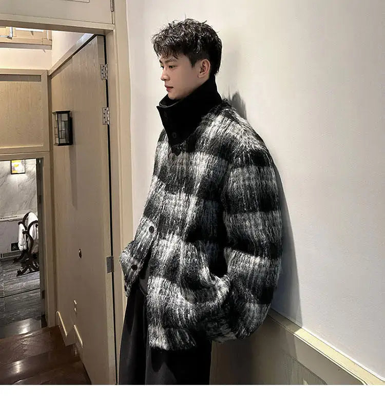 men turtleneck trendy brand fashion stripe christmas woolen bomber jacket women oversize plaid top coat outerwear unique default style 1163