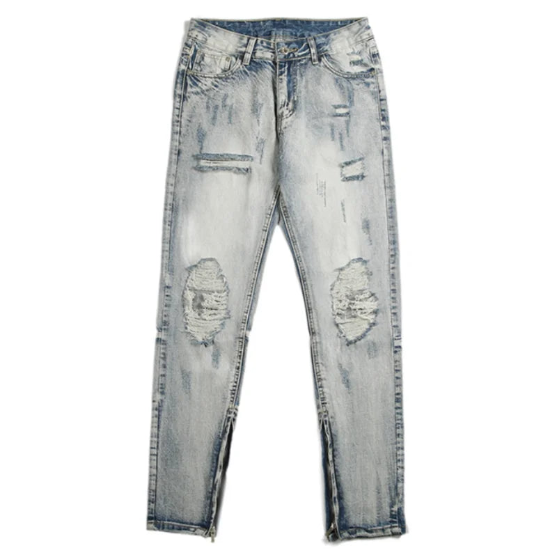 bottom zipper destroyed washed jeans skinny jeans ripped holes trousers men biker jeans fashion streetwear hip hop pants joggers casual joggers
