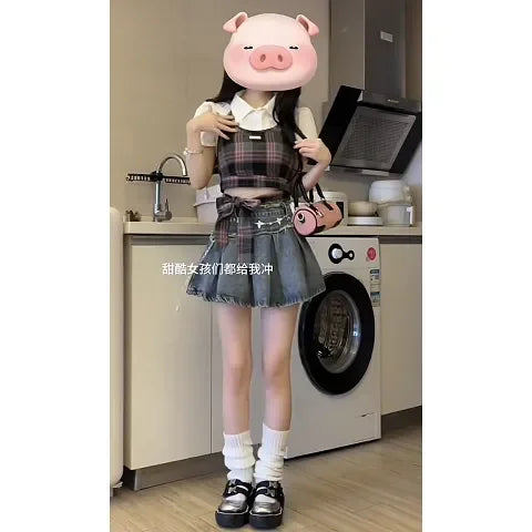 Summer gentle outfit 2023 new Korean version short sleeved shirt plaid suspender denim short skirt womens two peice skirt sets Street King Limited