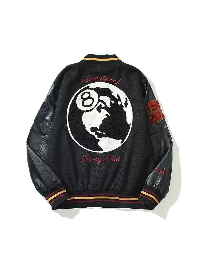 american retro high street embroidered jacket splicing print black eight baseball jacket 2024street wear baseball uniform jacket unique default style 5268