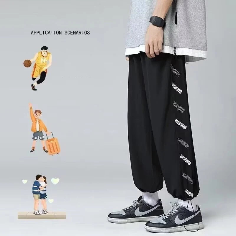 summer side letter printed straight pants mens drawstring sports joggers sweatpants y2k streetwear baggy casual trousers sporty tapered joggers