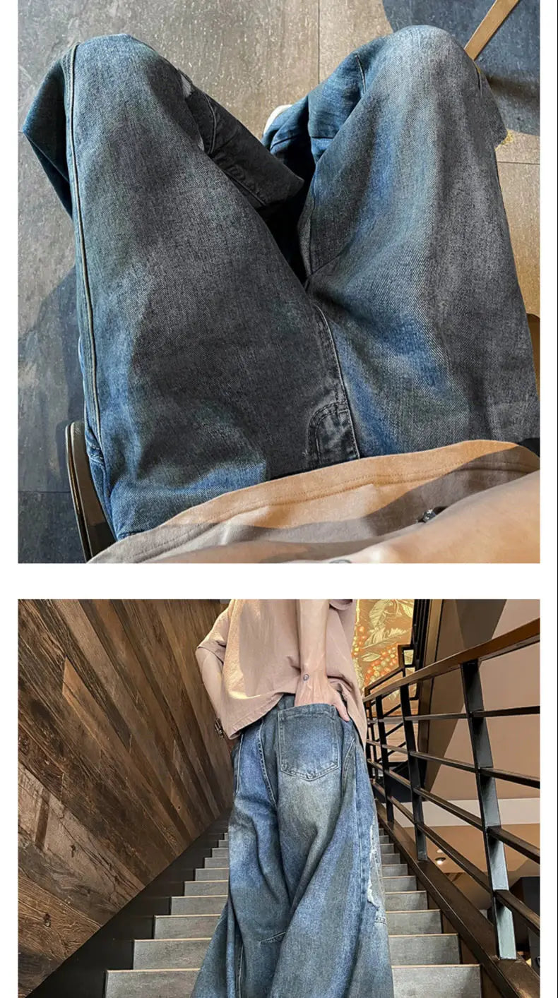 american style dirty and torn hole design straight leg wide leg jeans for men and women high street loose street casual pants unique jeans style 654