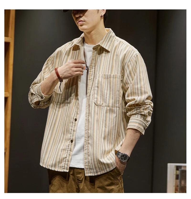 Streetwear Autumn Loose Striped Long Sleeve Shirts For Men Korean Fashion High Qu Autumn Loose Striped Long Sleeve Shirts For Men Korean Fashion High Quality Casual Shirt Y2K Streetwear Stand Collar T Shirts Fashion Sweater Jacket With Graphic Design For Men
